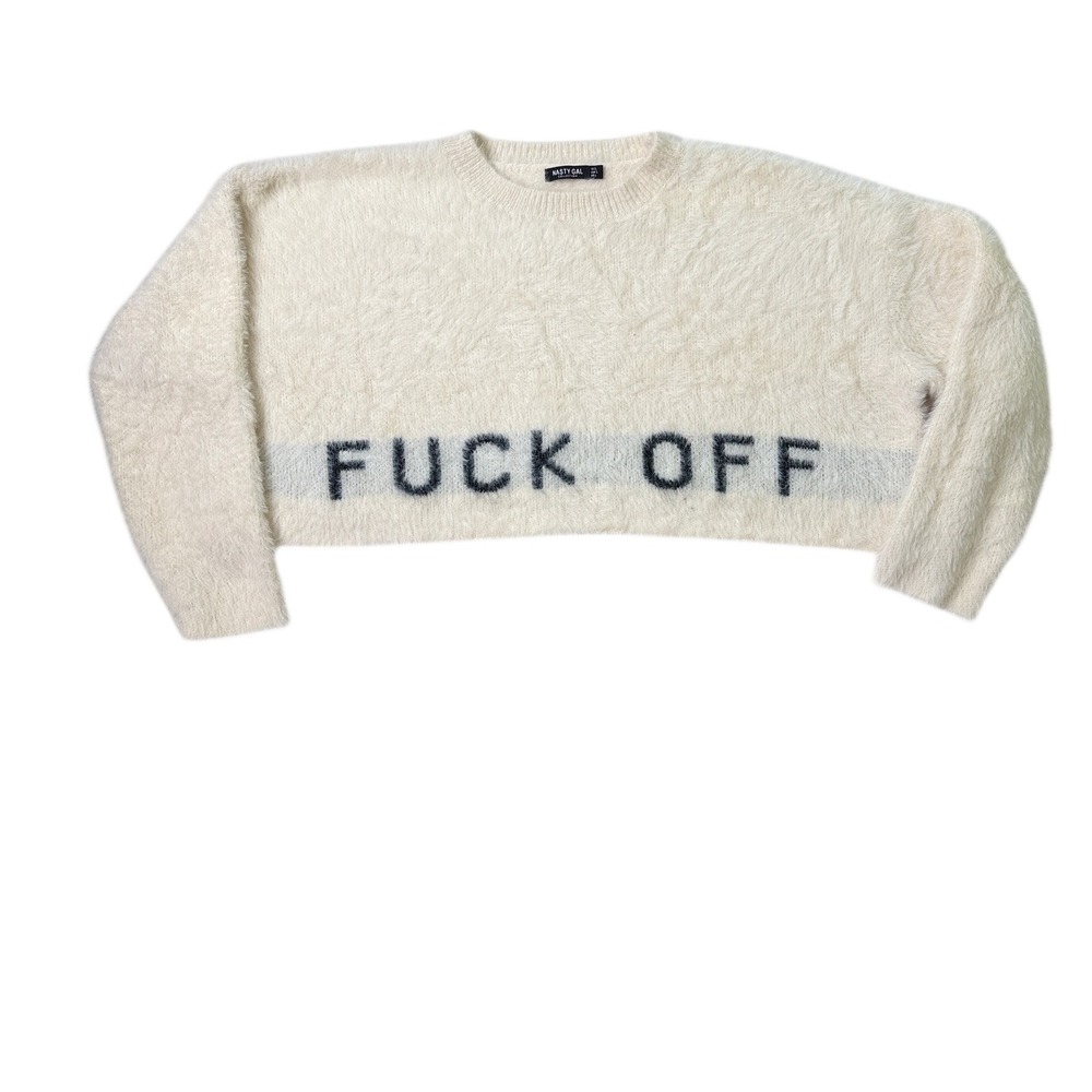 Nasty Gal Collection Womens Cream Fuzzy Cropped F Off Graphic Sweater Large